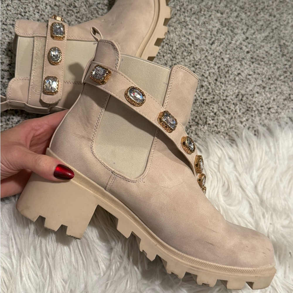 Elegant Beige Ankle Boots with Gem Accents